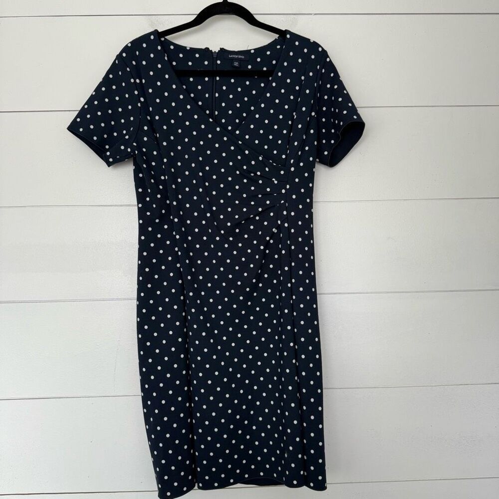 Lands End Women’s 14P Navy Blue White Polka Dot Faux Wrap Dress